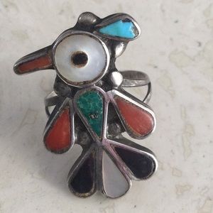Zuni Inlay Bird Ring Sterling Silver Turquoise & Onyx Red Large Vintage 925